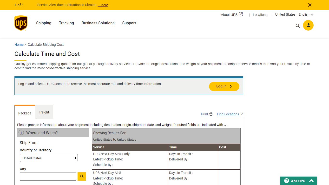 Calculate Time and Cost: UPS - United States